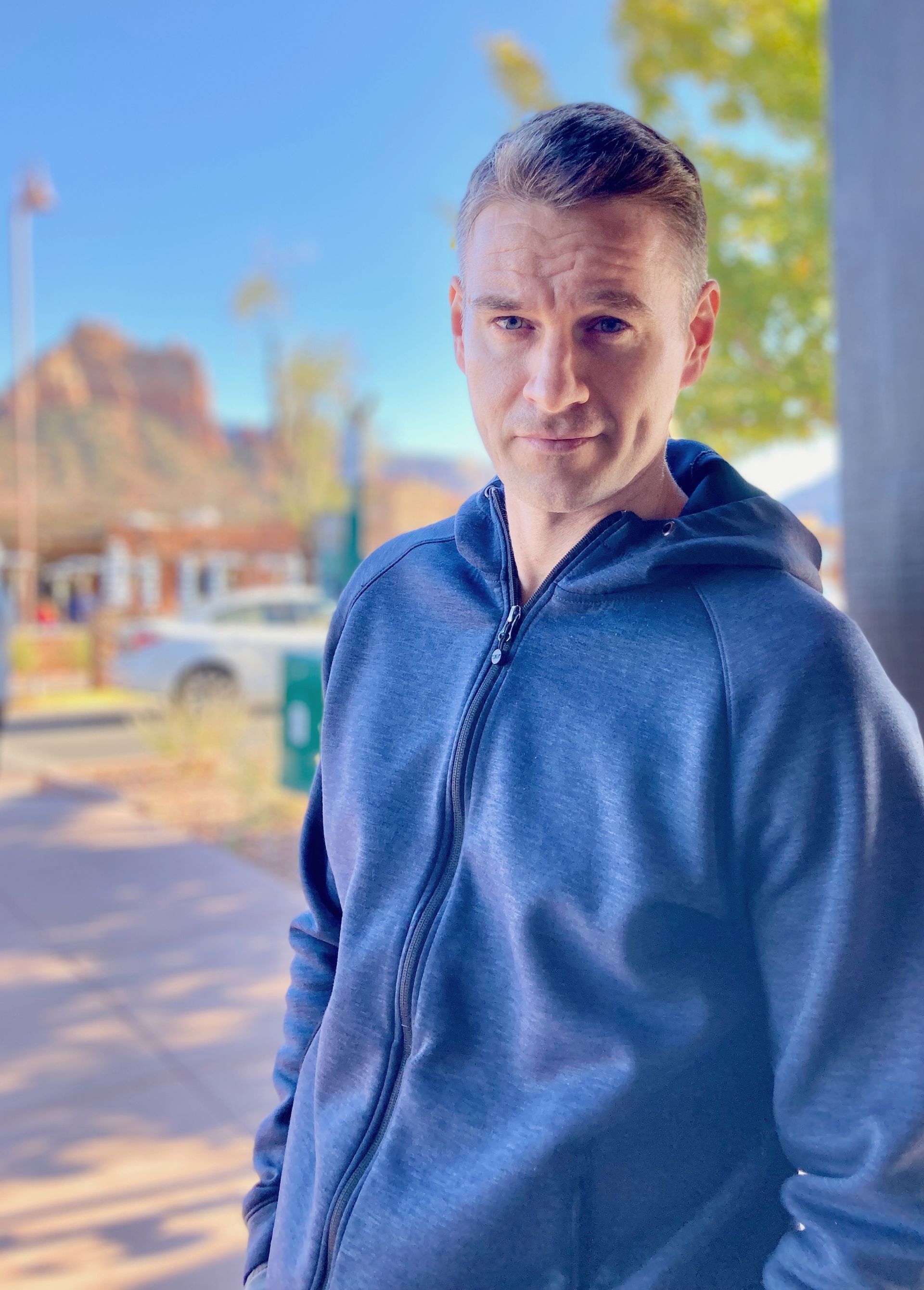 Clark Moore — casual, blue hoodie